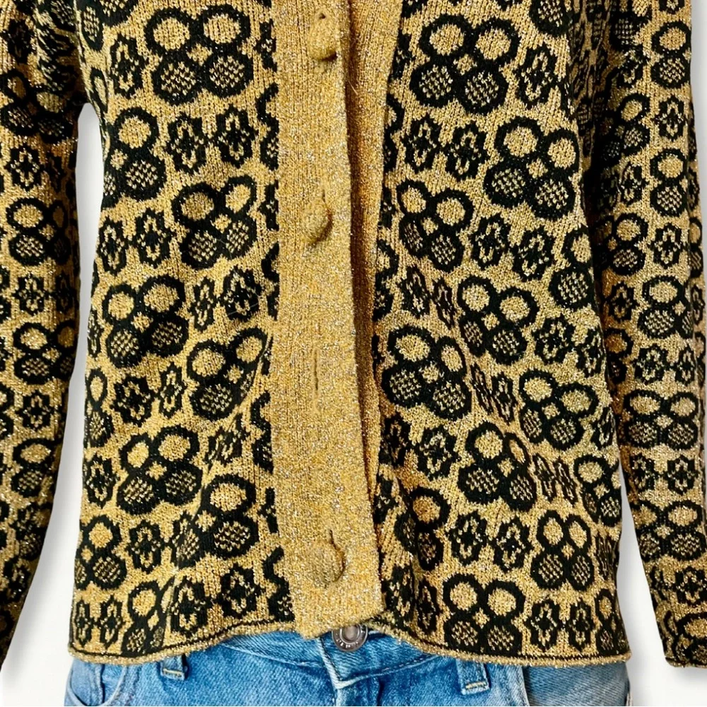 Vintage 60s 70s Gold and Black Metallic Lurex Collared Cardigan Sweater - Picture 4 of 10